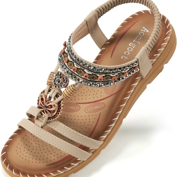 Shoes - Tan Flats with Slingback Strap and Intricate Beadwork